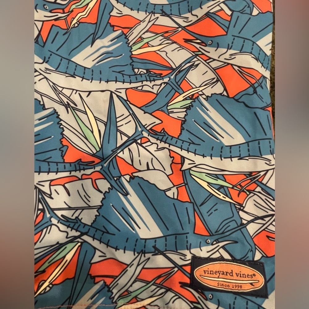 🩵🧡Vineyard Vines Blue and Orange Leaf Print Swim Board Shorts. Size 32. Like new - Picture 5 of 8